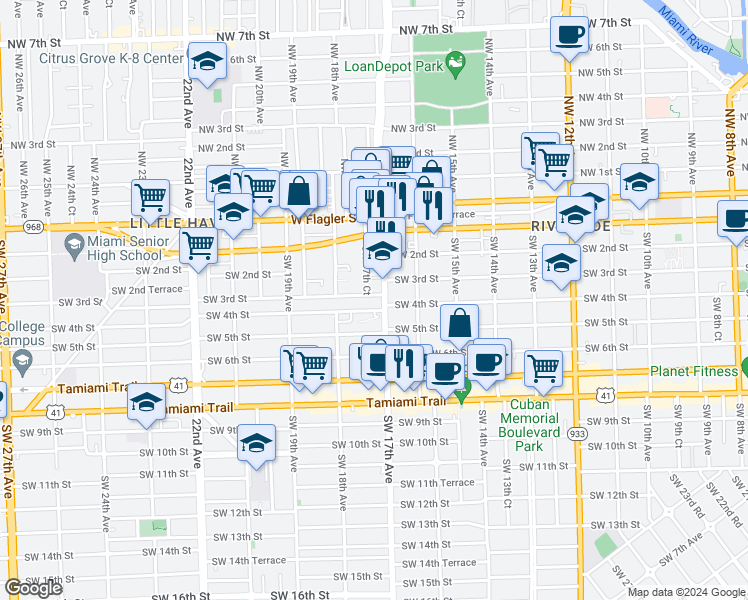 map of restaurants, bars, coffee shops, grocery stores, and more near 1711 Southwest 3rd Street in Miami