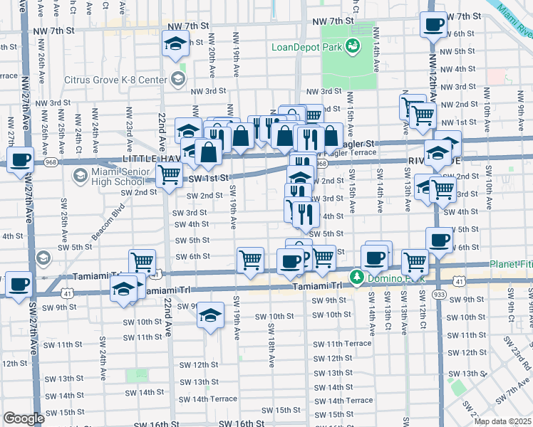 map of restaurants, bars, coffee shops, grocery stores, and more near 1771 Southwest 3rd Street in Miami
