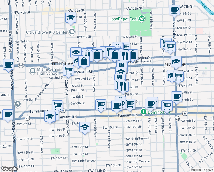 map of restaurants, bars, coffee shops, grocery stores, and more near 1771 Southwest 3rd Street in Miami