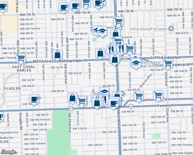 map of restaurants, bars, coffee shops, grocery stores, and more near 2966 Southwest 2nd Street in Miami