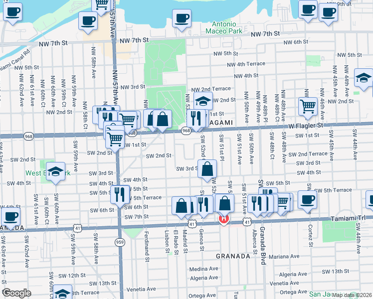 map of restaurants, bars, coffee shops, grocery stores, and more near 5240 Southwest 1st Street in Coral Gables