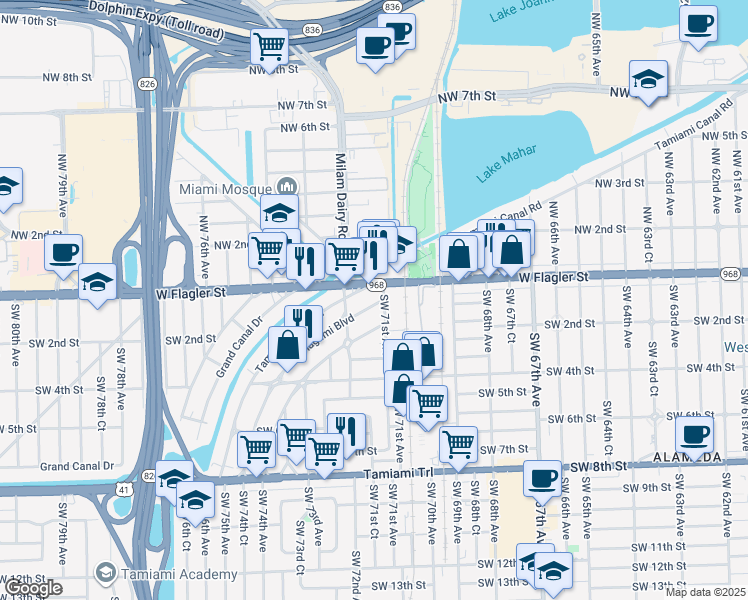 map of restaurants, bars, coffee shops, grocery stores, and more near 31 Tamiami Canal Road in Miami