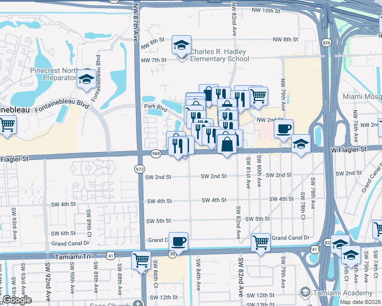 map of restaurants, bars, coffee shops, grocery stores, and more near 8406 Northwest 1st Terrace in Miami