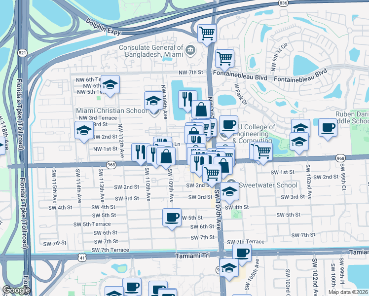 map of restaurants, bars, coffee shops, grocery stores, and more near 10821 Northwest 1st Lane in Miami