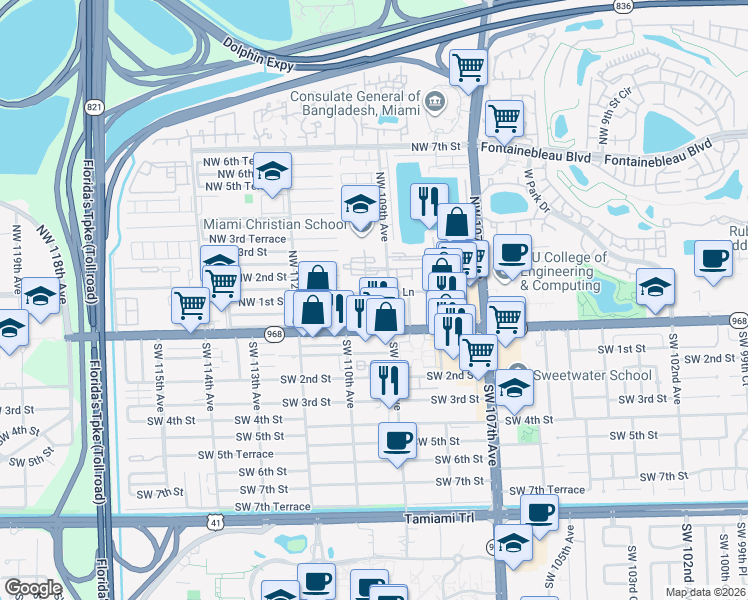 map of restaurants, bars, coffee shops, grocery stores, and more near 10951 Northwest 109th Place in Miami