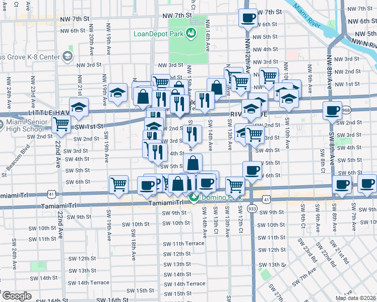 map of restaurants, bars, coffee shops, grocery stores, and more near in Miami