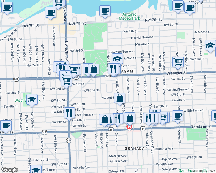 map of restaurants, bars, coffee shops, grocery stores, and more near 5240 Southwest 1st Street in Coral Gables