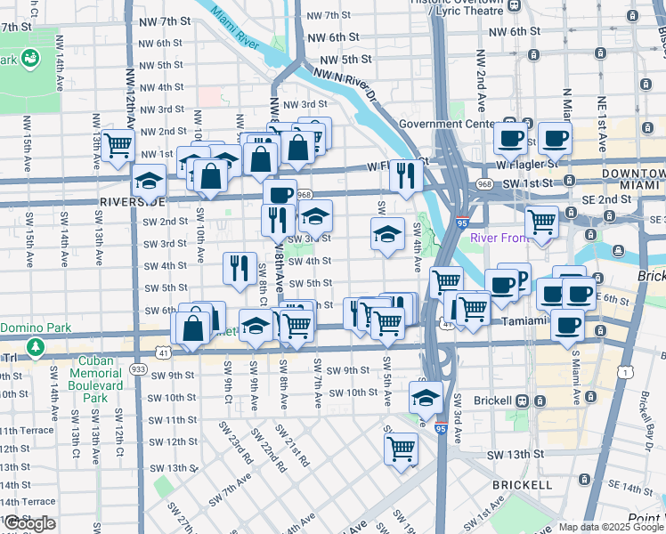map of restaurants, bars, coffee shops, grocery stores, and more near 636 Southwest 4th Street in Miami
