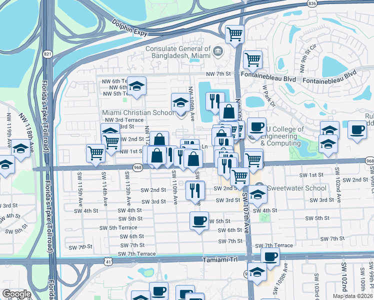 map of restaurants, bars, coffee shops, grocery stores, and more near 10951 Northwest 109th Place in Miami