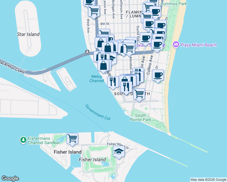map of restaurants, bars, coffee shops, grocery stores, and more near 150 Alton Road in Miami Beach