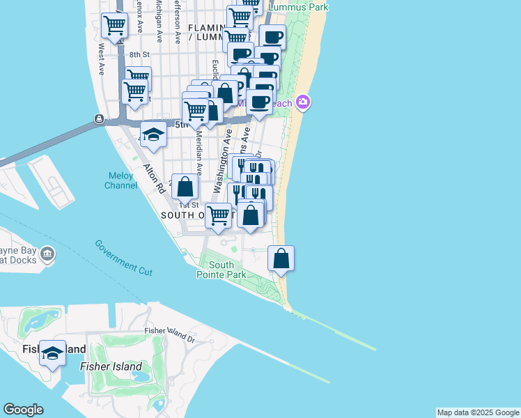 map of restaurants, bars, coffee shops, grocery stores, and more near 101 Ocean Drive in Miami Beach