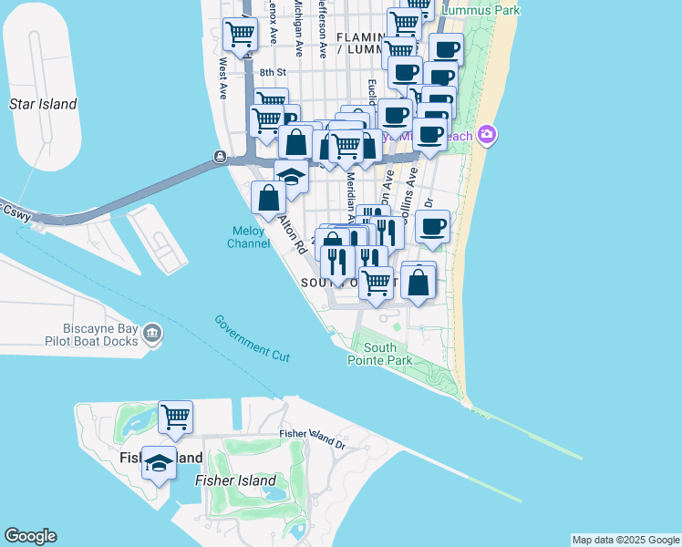 map of restaurants, bars, coffee shops, grocery stores, and more near 211 1st Street in Miami Beach
