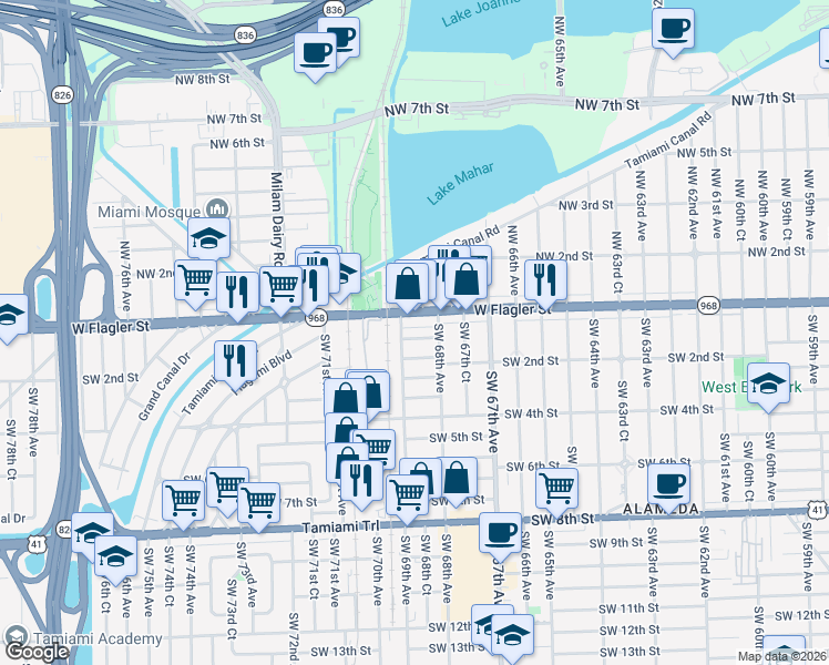 map of restaurants, bars, coffee shops, grocery stores, and more near 6886 West Flagler Street in Miami