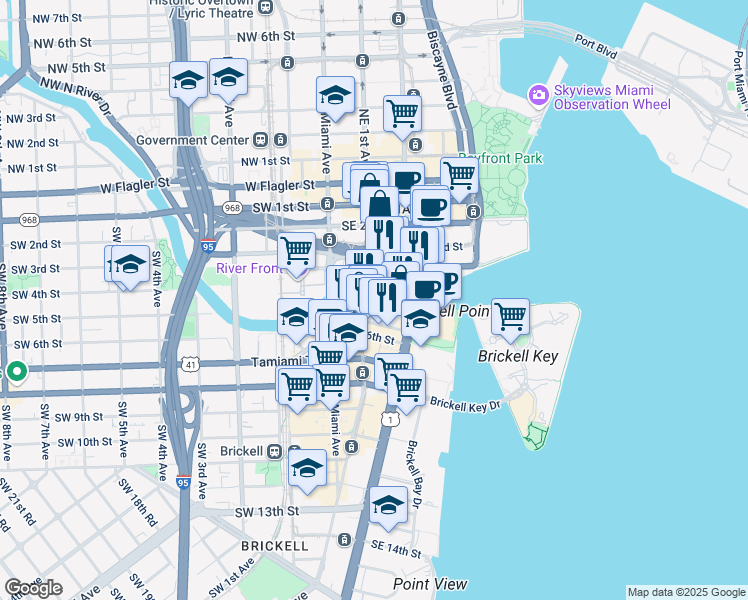 map of restaurants, bars, coffee shops, grocery stores, and more near 31 Southeast 5th Street in Miami