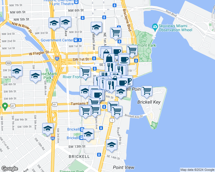 map of restaurants, bars, coffee shops, grocery stores, and more near 31 Southeast 5th Street in Miami