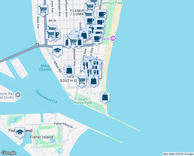 map of restaurants, bars, coffee shops, grocery stores, and more near 116 Ocean Drive in Miami Beach