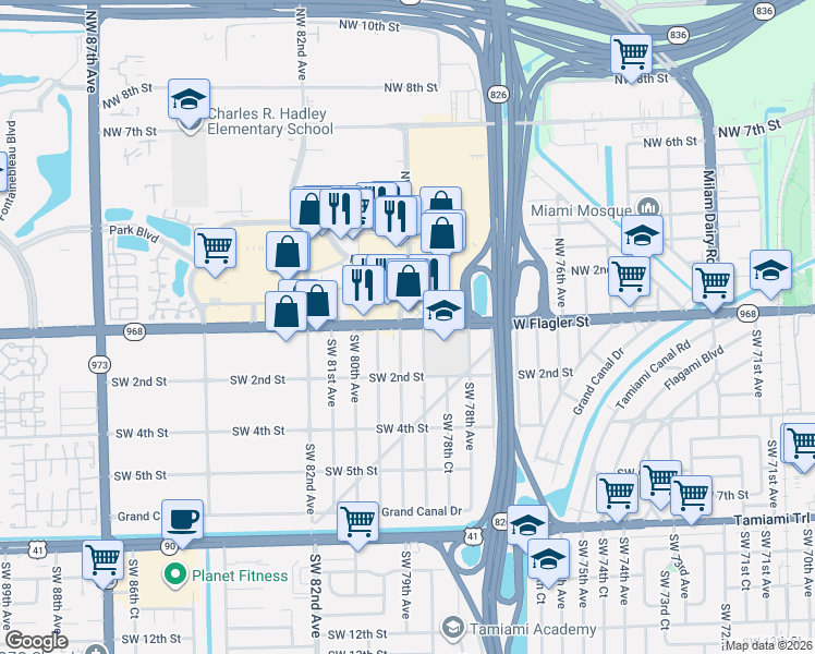 map of restaurants, bars, coffee shops, grocery stores, and more near 701 West Flagler Street in Miami
