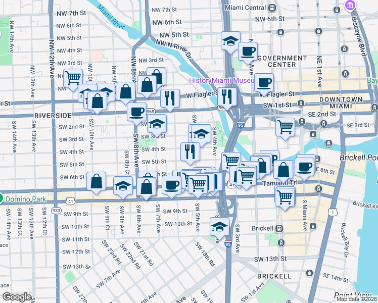 map of restaurants, bars, coffee shops, grocery stores, and more near 535 Southwest 4th Street in Miami
