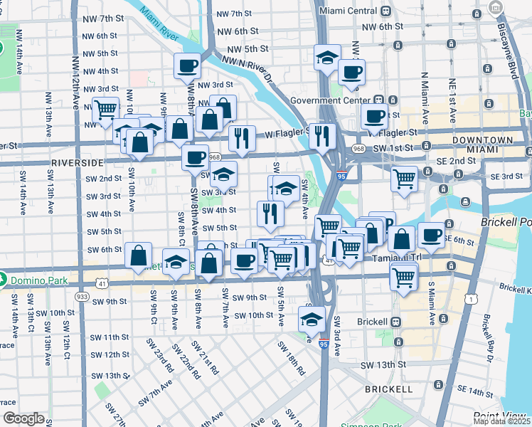 map of restaurants, bars, coffee shops, grocery stores, and more near 535 Southwest 4th Street in Miami