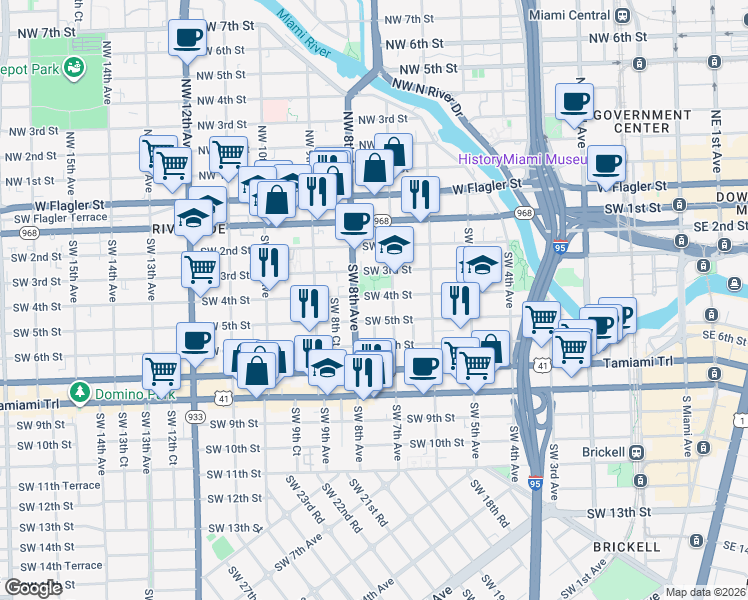 map of restaurants, bars, coffee shops, grocery stores, and more near 782 Southwest 4th Street in Miami