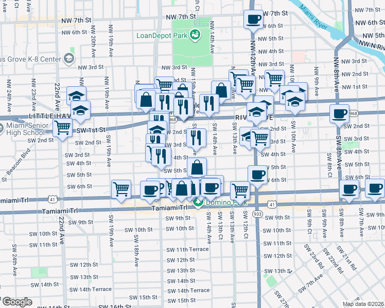 map of restaurants, bars, coffee shops, grocery stores, and more near in Miami