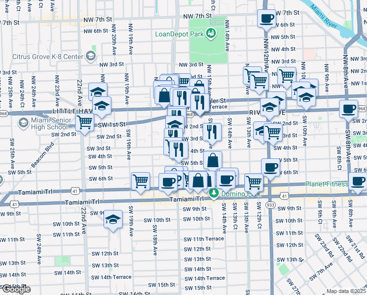 map of restaurants, bars, coffee shops, grocery stores, and more near 318 Southwest 16th Avenue in Miami