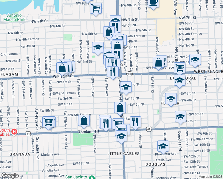 map of restaurants, bars, coffee shops, grocery stores, and more near 4255 Southwest 2nd Terrace in Coral Gables