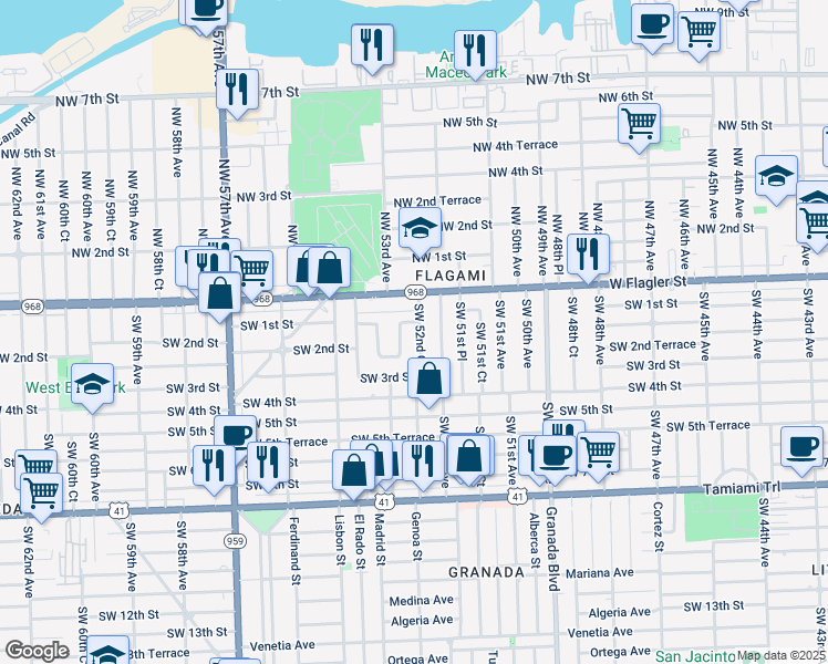 map of restaurants, bars, coffee shops, grocery stores, and more near 5240 Southwest 1st Street in Coral Gables