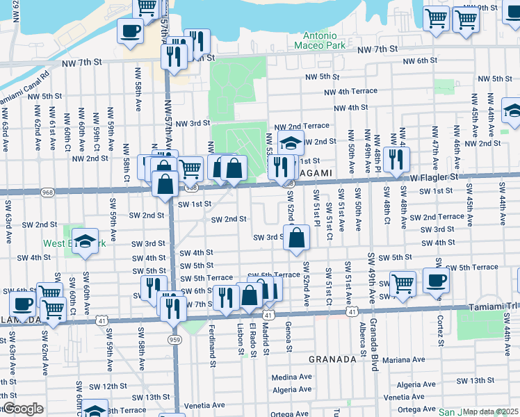 map of restaurants, bars, coffee shops, grocery stores, and more near 51 Southwest 54th Avenue in Coral Gables