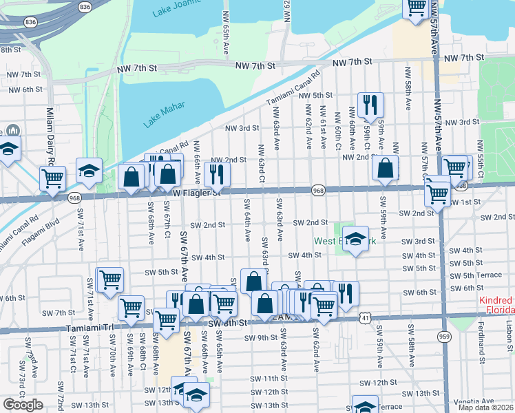 map of restaurants, bars, coffee shops, grocery stores, and more near 32 Southwest 63rd Court in Miami
