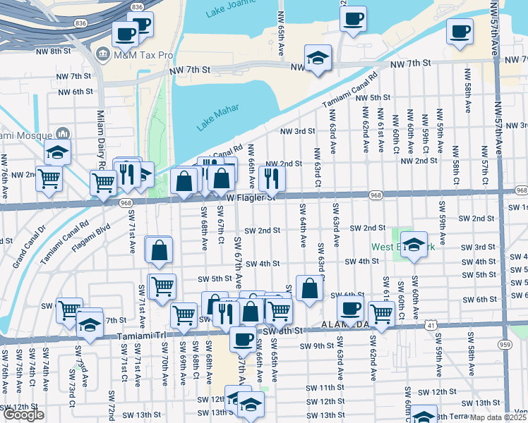 map of restaurants, bars, coffee shops, grocery stores, and more near 24 Southwest 65th Avenue in Miami