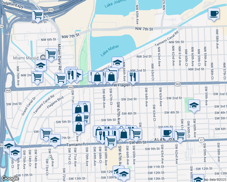 map of restaurants, bars, coffee shops, grocery stores, and more near 20 Southwest 67th Court in Miami