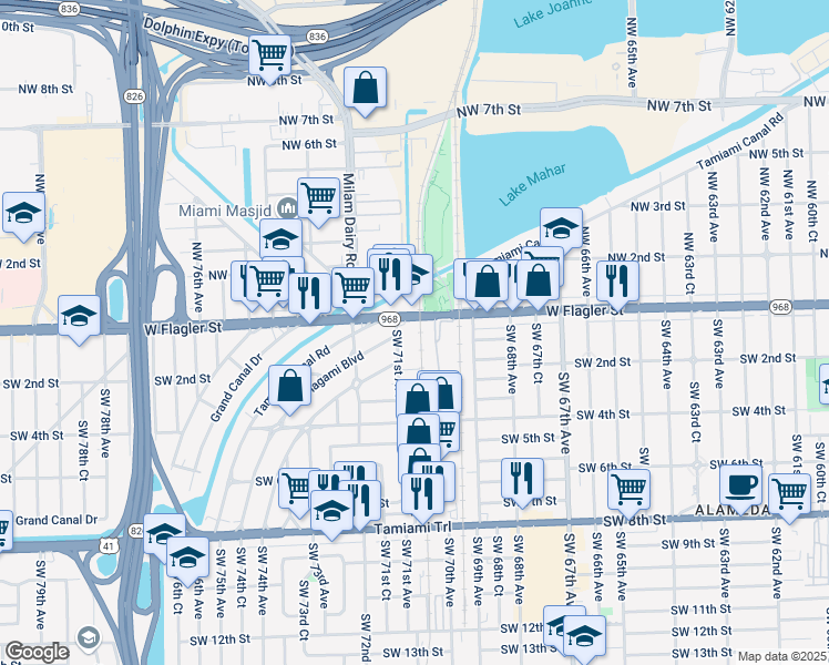 map of restaurants, bars, coffee shops, grocery stores, and more near 7070 West Flagler Street in Miami