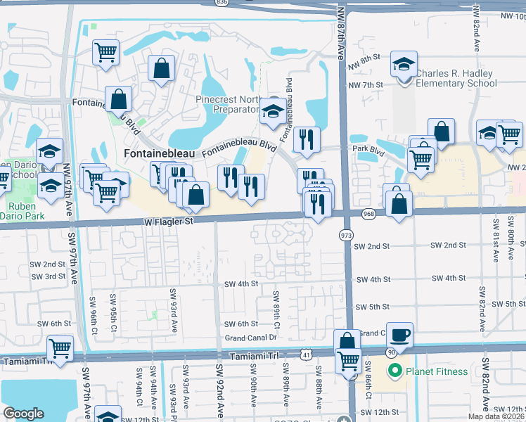 map of restaurants, bars, coffee shops, grocery stores, and more near 8801 West Flagler Street in Miami