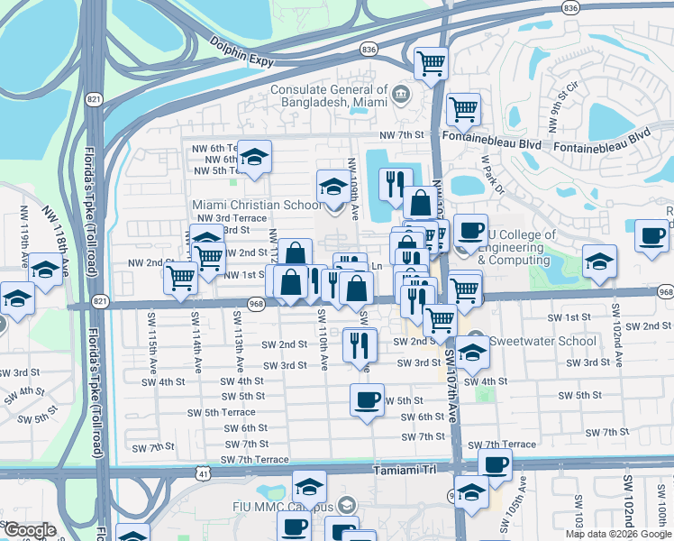 map of restaurants, bars, coffee shops, grocery stores, and more near 10951 Northwest 109th Place in Miami