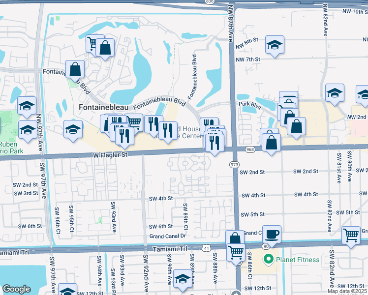 map of restaurants, bars, coffee shops, grocery stores, and more near 8801 West Flagler Street in Miami