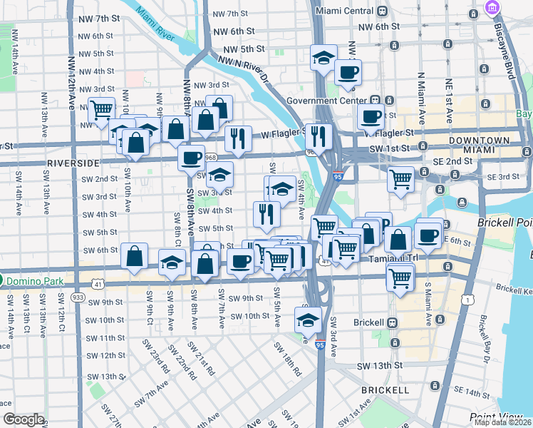map of restaurants, bars, coffee shops, grocery stores, and more near 535 Southwest 4th Street in Miami