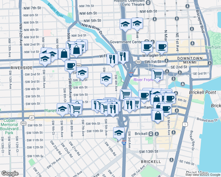 map of restaurants, bars, coffee shops, grocery stores, and more near 451 Southwest 4th Street in Miami