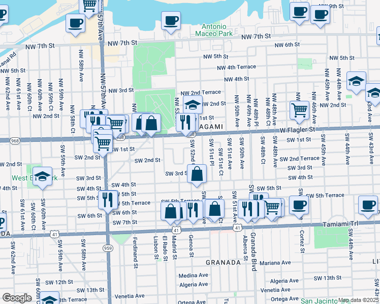 map of restaurants, bars, coffee shops, grocery stores, and more near 5240 Southwest 1st Street in Coral Gables
