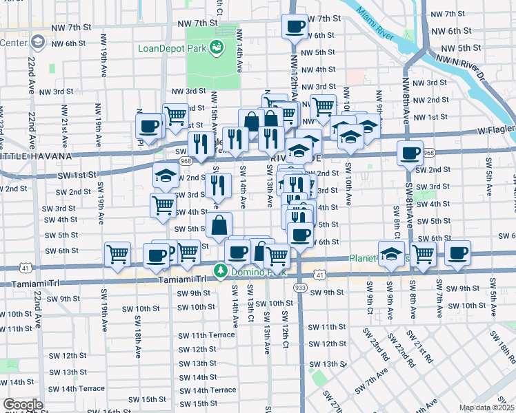 map of restaurants, bars, coffee shops, grocery stores, and more near 1326 Southwest 3rd Street in Miami