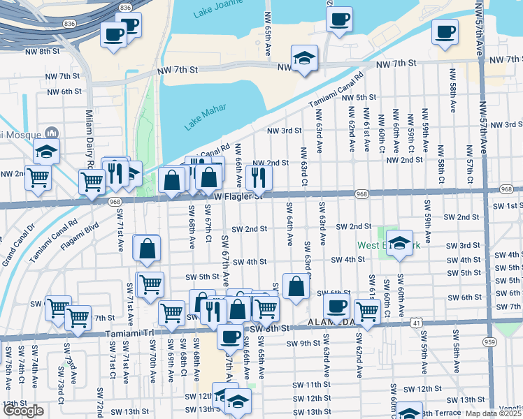 map of restaurants, bars, coffee shops, grocery stores, and more near 24 Southwest 65th Avenue in Miami