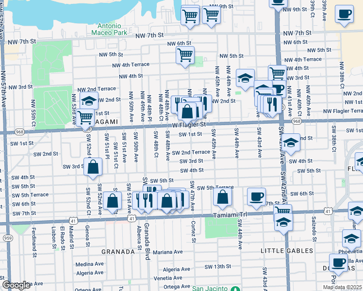 map of restaurants, bars, coffee shops, grocery stores, and more near 4730 Southwest 2nd Street in Coral Gables