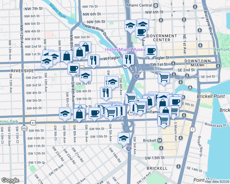 map of restaurants, bars, coffee shops, grocery stores, and more near 444 Southwest 4th Street in Miami