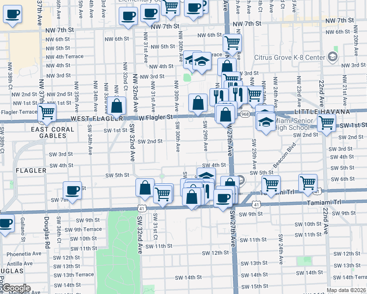 map of restaurants, bars, coffee shops, grocery stores, and more near 2966 Southwest 2nd Street in Miami