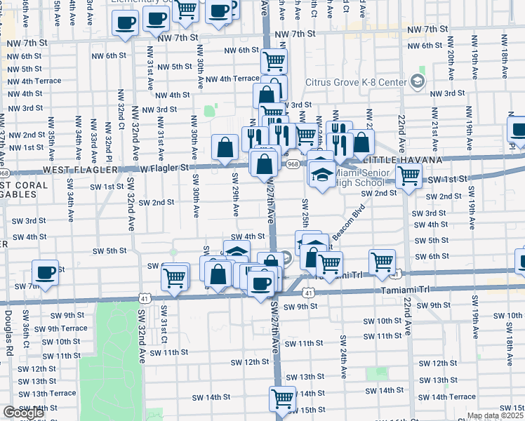map of restaurants, bars, coffee shops, grocery stores, and more near 2705 Southwest 3rd Street in Miami
