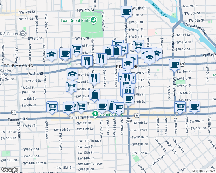 map of restaurants, bars, coffee shops, grocery stores, and more near 1326 Southwest 3rd Street in Miami