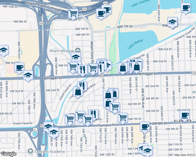map of restaurants, bars, coffee shops, grocery stores, and more near 31 Tamiami Canal Road in Miami