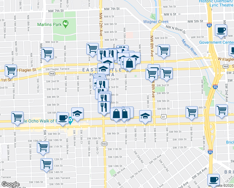 map of restaurants, bars, coffee shops, grocery stores, and more near 1055 Southwest 4th Street in Miami