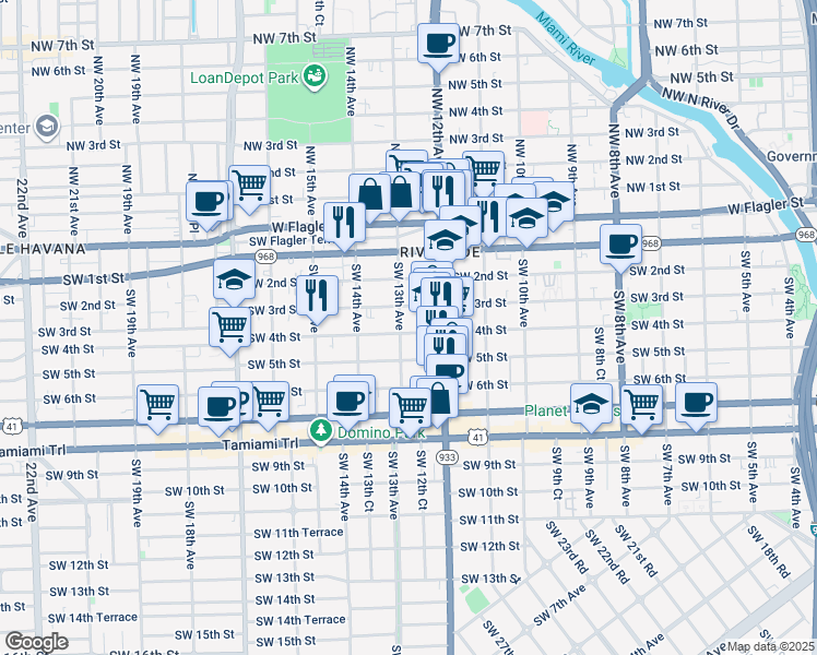 map of restaurants, bars, coffee shops, grocery stores, and more near 1247 Southwest 4th Street in Miami