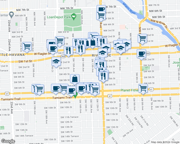 map of restaurants, bars, coffee shops, grocery stores, and more near 1326 Southwest 3rd Street in Miami